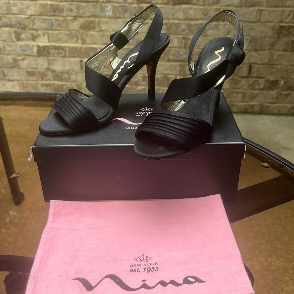 NINA Women's Victoria Slingback Sexy Stiletto Heels Black Luster Satin 9